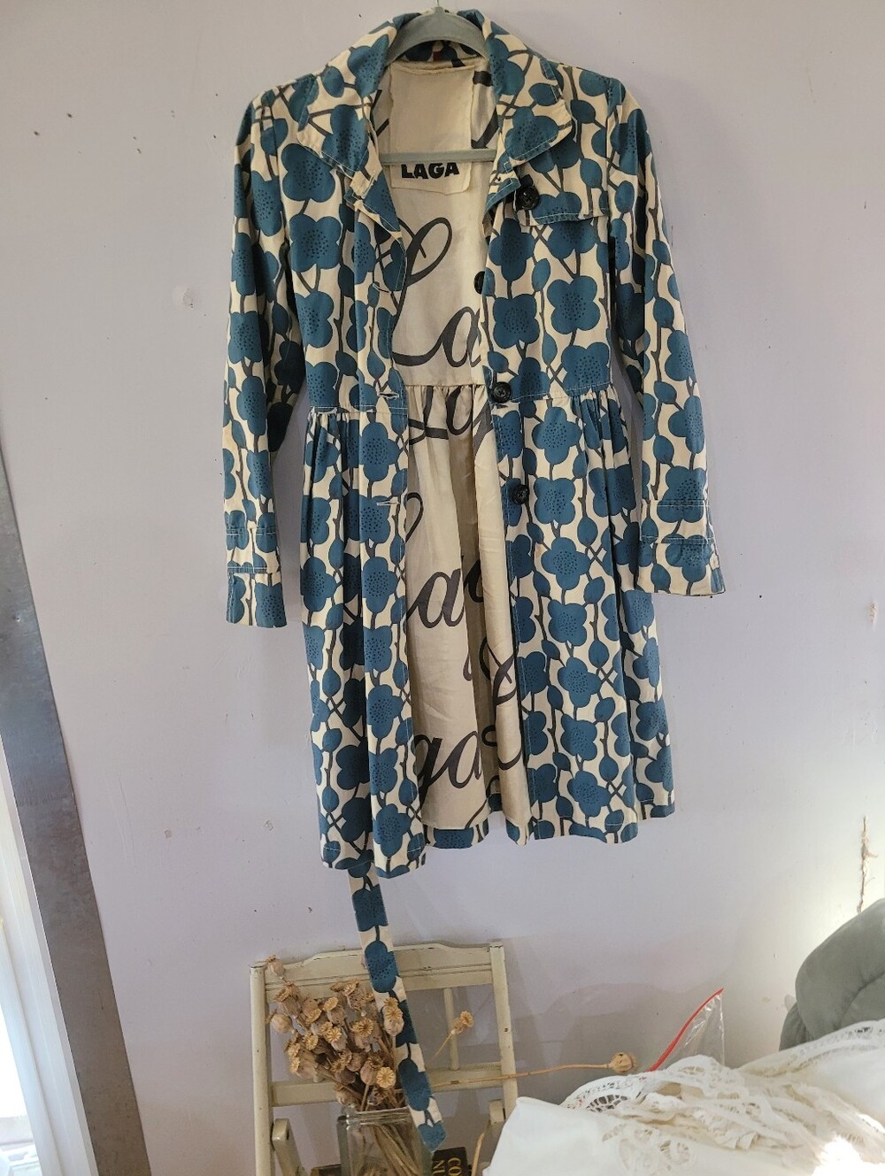 Laga S Blue Floral Print Women's European Trench Coat